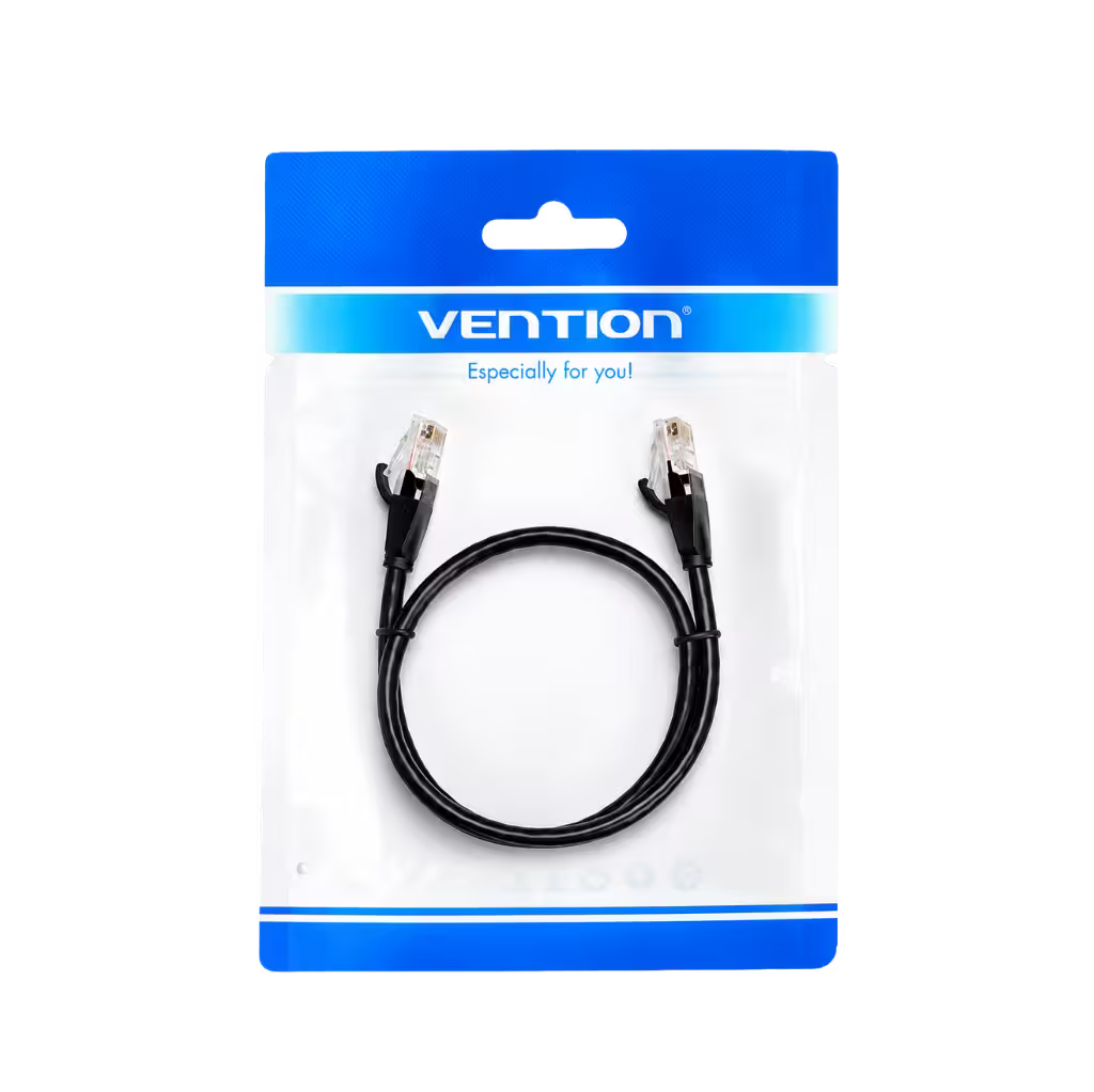 Black Ethernet cable in Vention packaging on a white background
