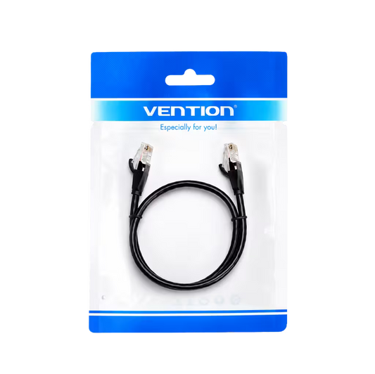 Black Ethernet cable in Vention packaging on a white background