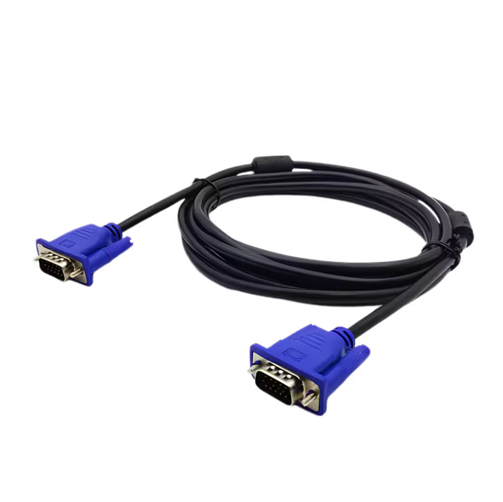 A black VGA to VGA cable with blue plastic connectors, coiled on a white background.