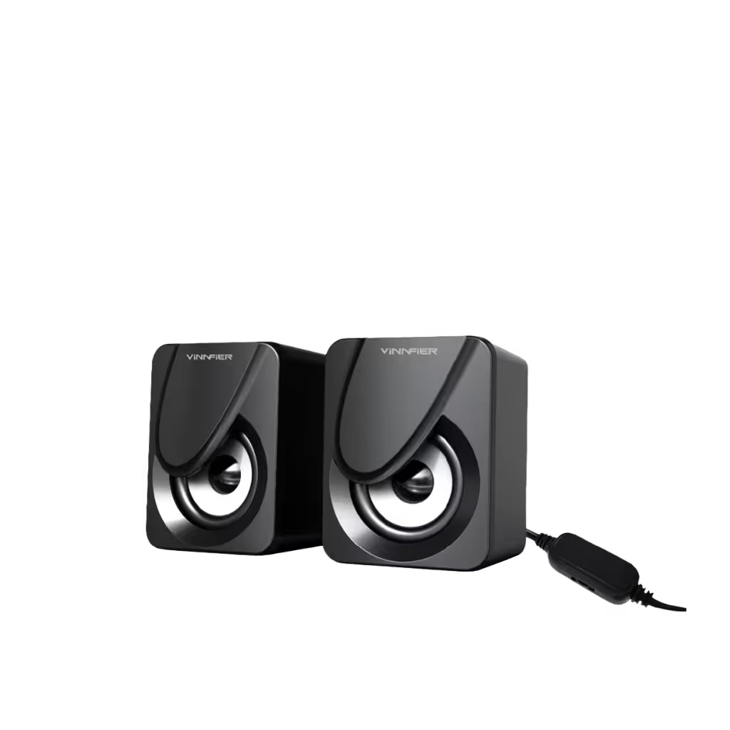 A pair of black VIFNER desktop speakers with a power cable, shown on a plain white background.