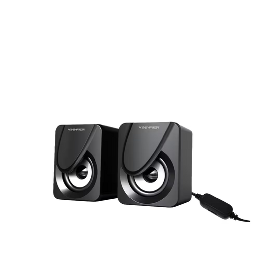A pair of black VIFNER desktop speakers with a power cable, shown on a plain white background.