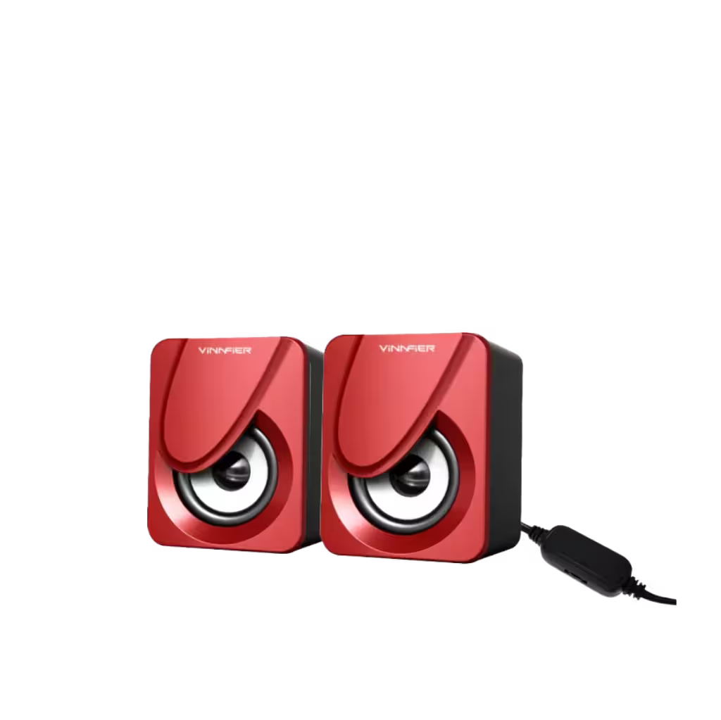 A pair of red and black Vinnier computer speakers with a black audio jack adapter cable, shown on a plain white background.
