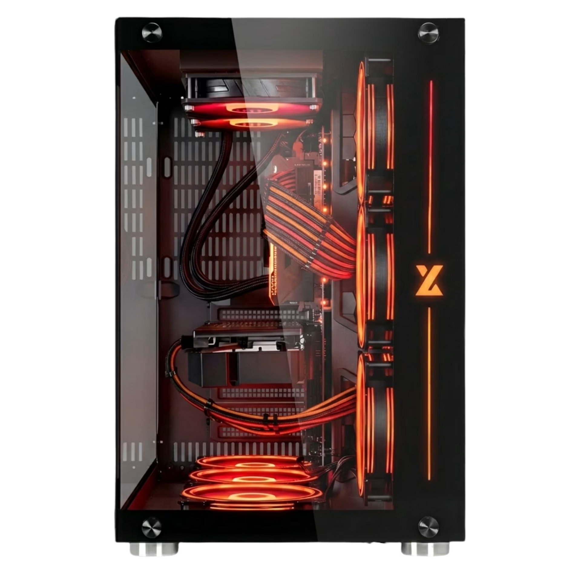 Computer case with transparent side panel showing internal components and lighting, featuring a brand logo.