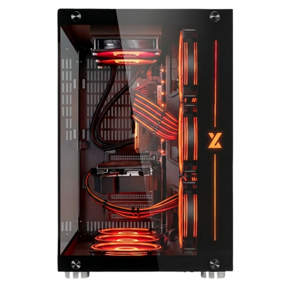 Computer case with transparent side panel showing internal components and lighting, featuring a brand logo.