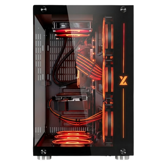 Computer case with transparent side panel showing internal components and lighting, featuring a brand logo.