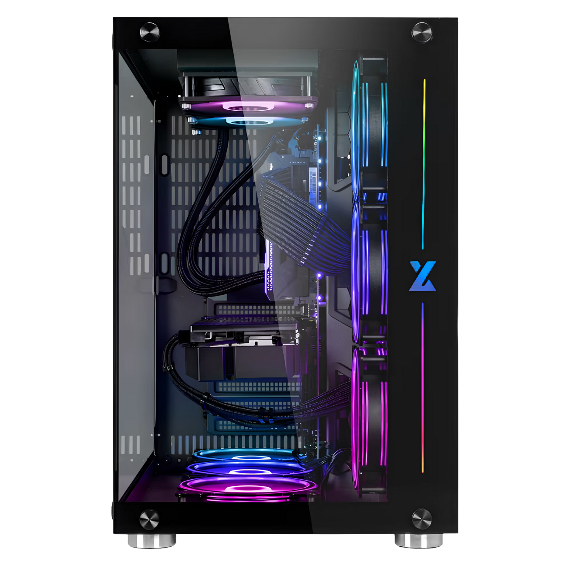 Glossy black computer case with RGB lighting on a transparent background
