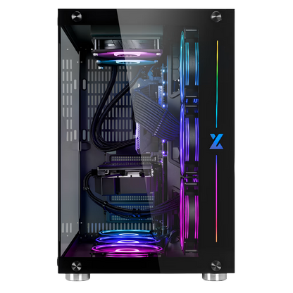 Glossy black computer case with RGB lighting on a transparent background