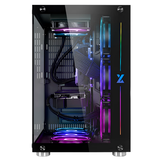 Glossy black computer case with RGB lighting on a transparent background