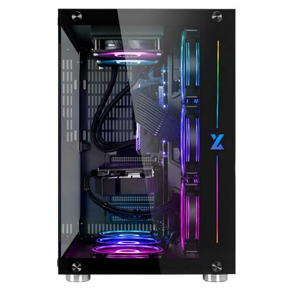 Glossy black computer case with RGB lighting on a white background