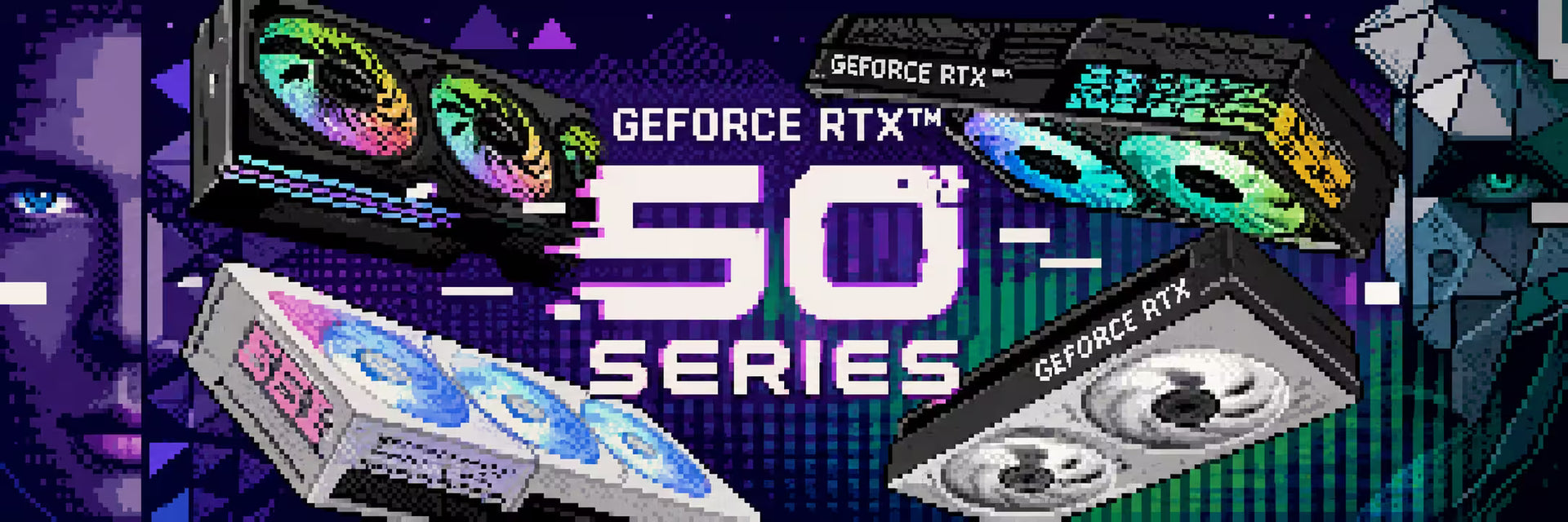 GeForce RTX 50 Series graphics card packaging with colorful design on a dark background