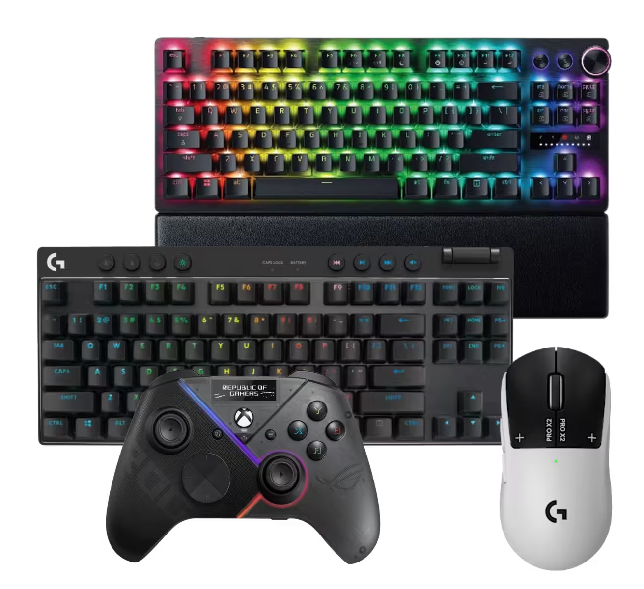 Logitech gaming bundle featuring a mechanical keyboard with RGB backlighting, a standard black keyboard, a wireless controller, and a white and black Logitech mouse on a white background.