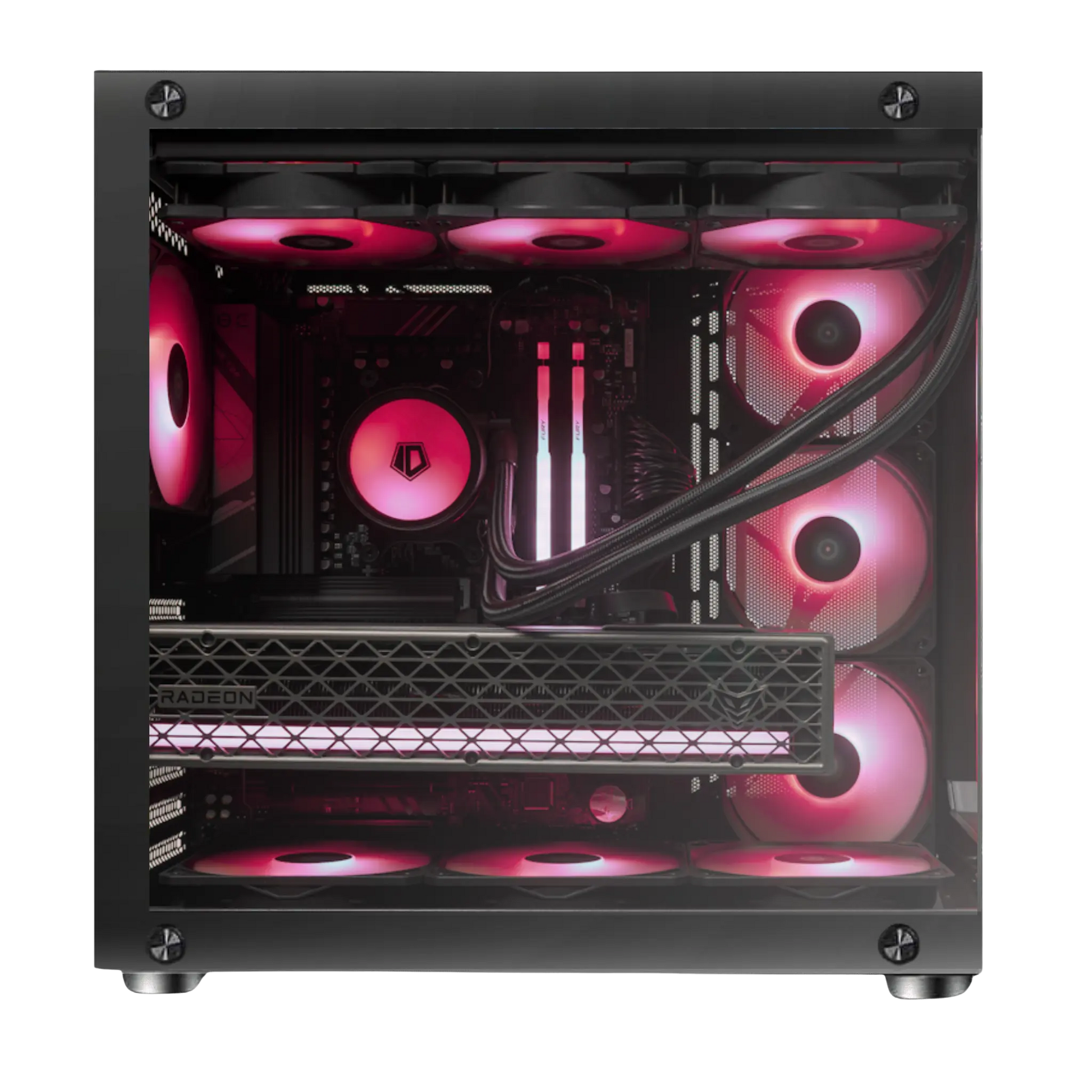 Computer case with red LED lights on a white background