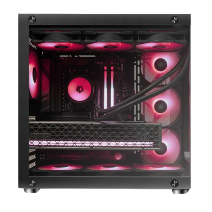 Computer case with red LED lights on a white background