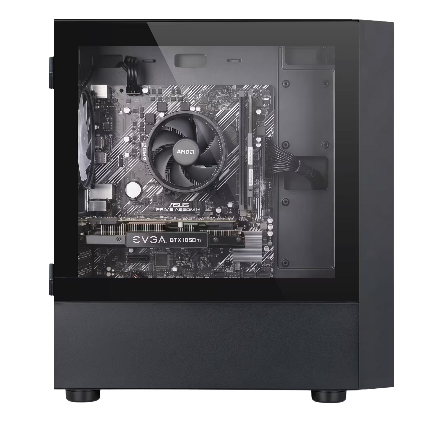 Computer case with visible motherboard and components on a white background