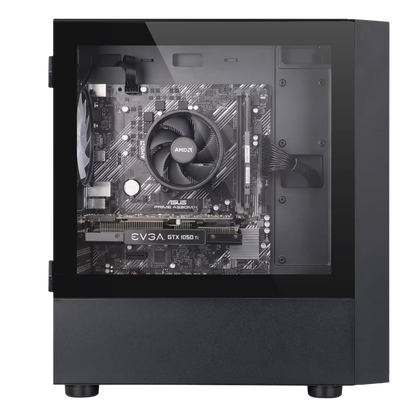 Computer case with visible motherboard and components on a white background