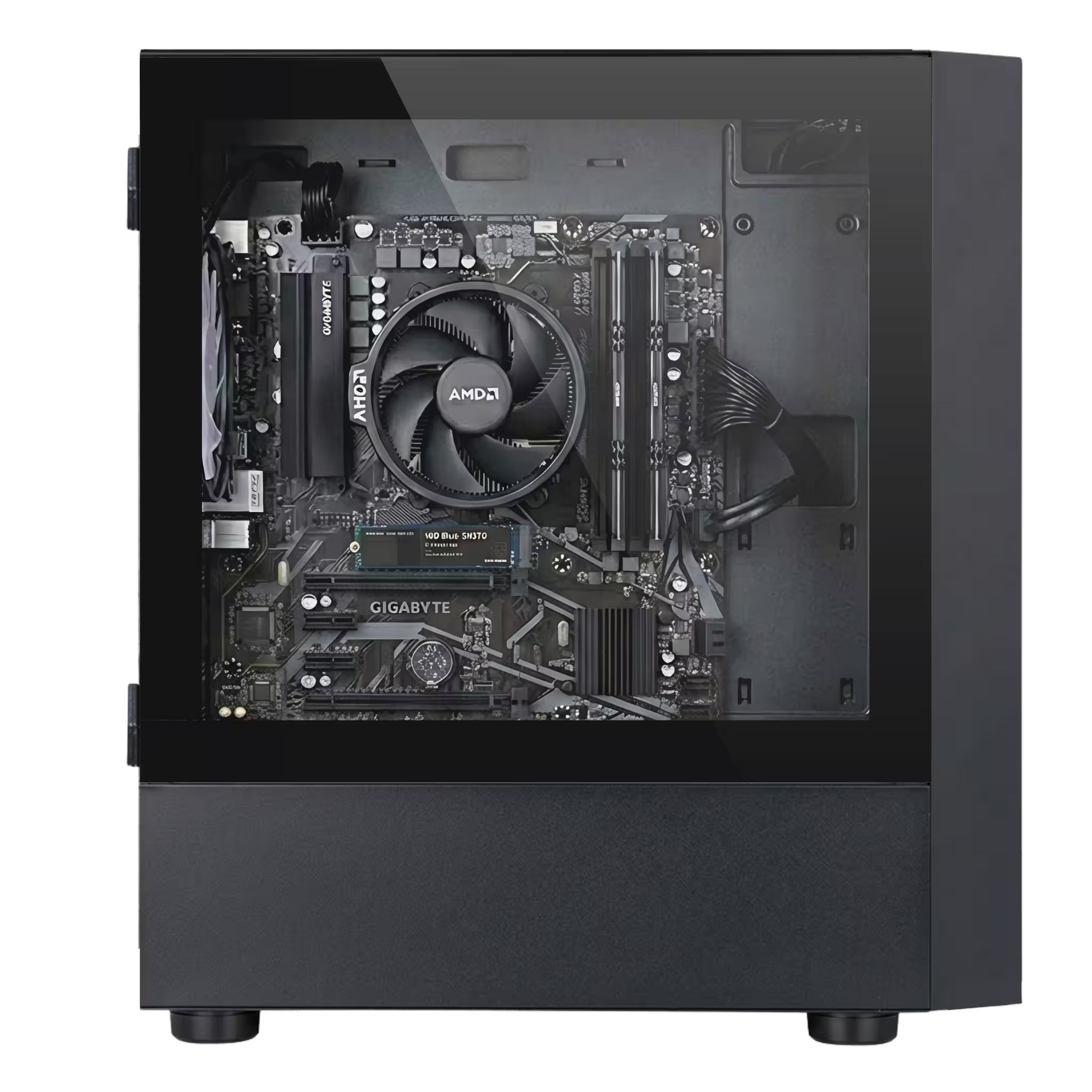 Computer motherboard with AMD processor inside a black case on a white background
