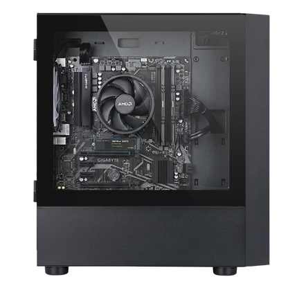 Computer motherboard with AMD processor inside a black case on a white background