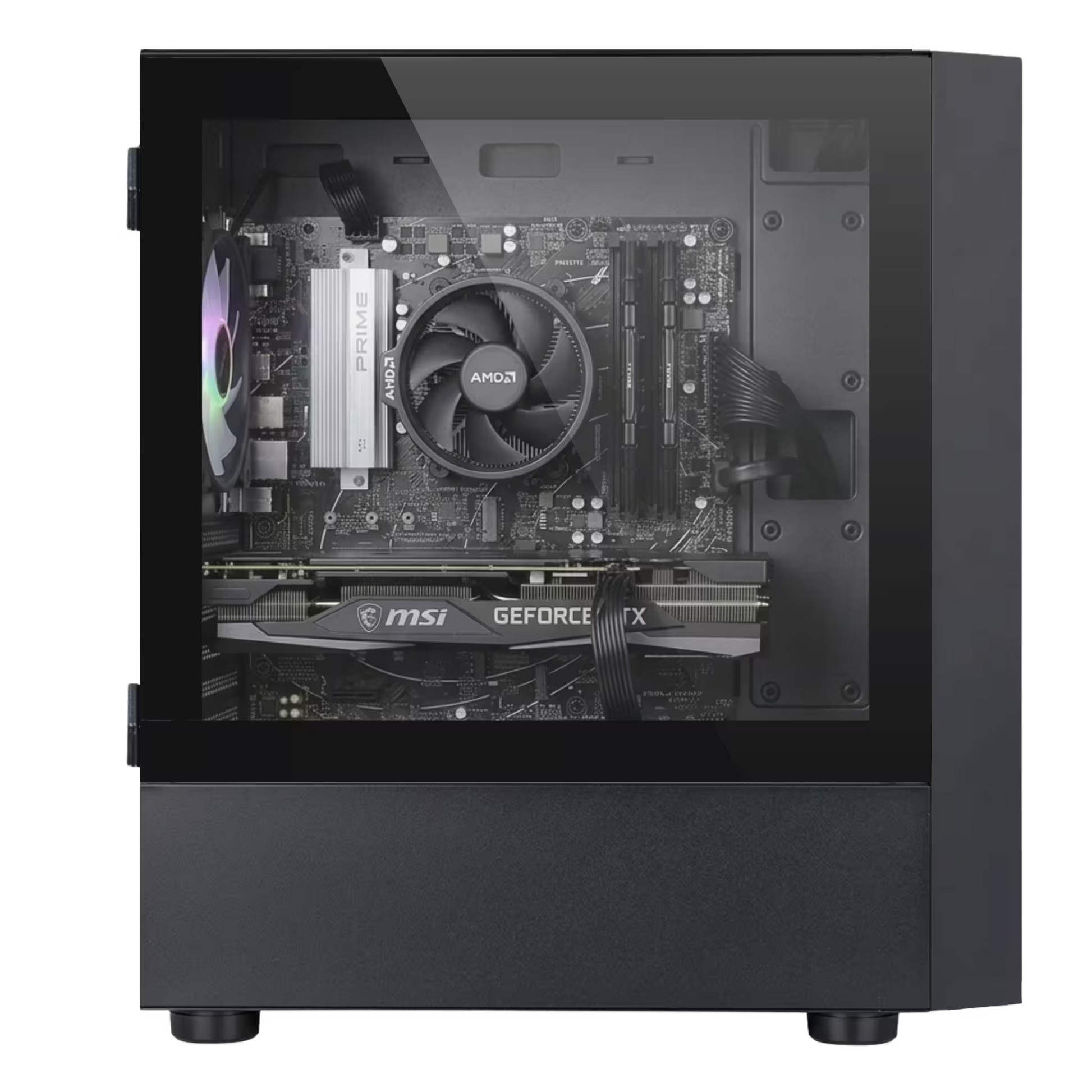 Computer case with visible motherboard and components on a white background
