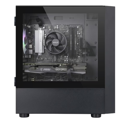 Computer case with visible motherboard and components on a white background