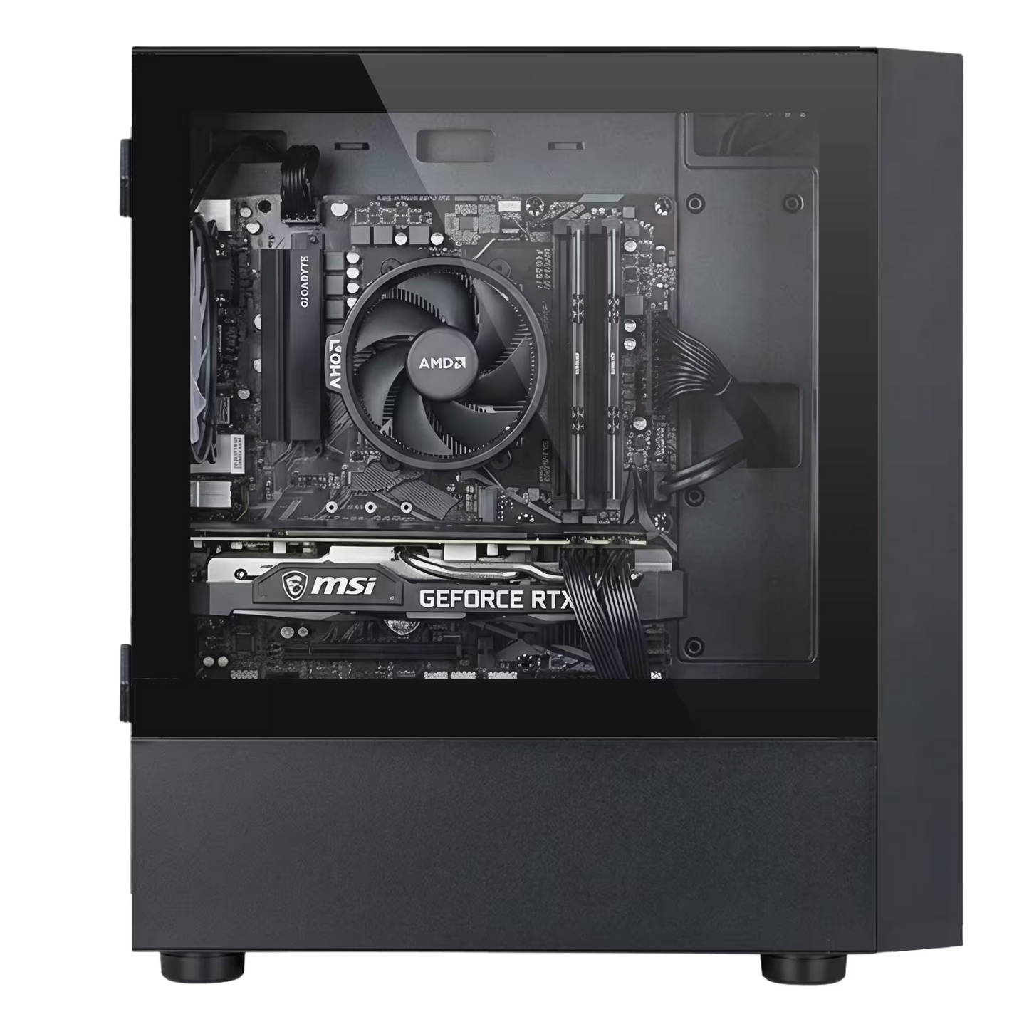 Computer case with visible AMD and MSI components on a white background