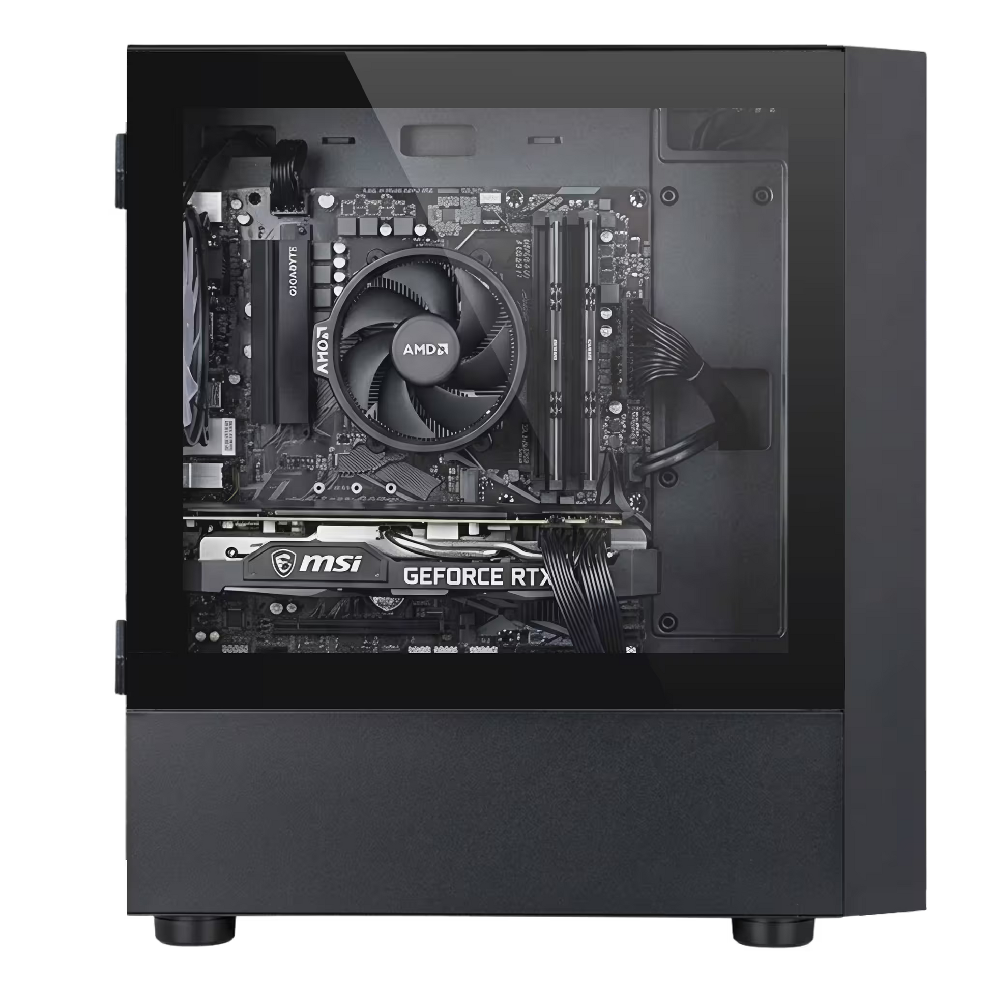 Computer case with visible AMD and MSI components on a white background