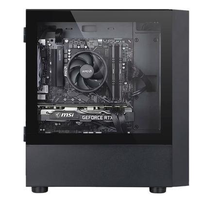 Computer case with visible AMD and MSI components on a white background