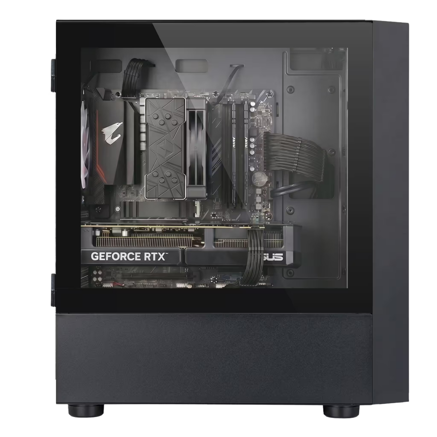 Computer hardware components inside a clear case with a visible GeForce RTX graphics card.