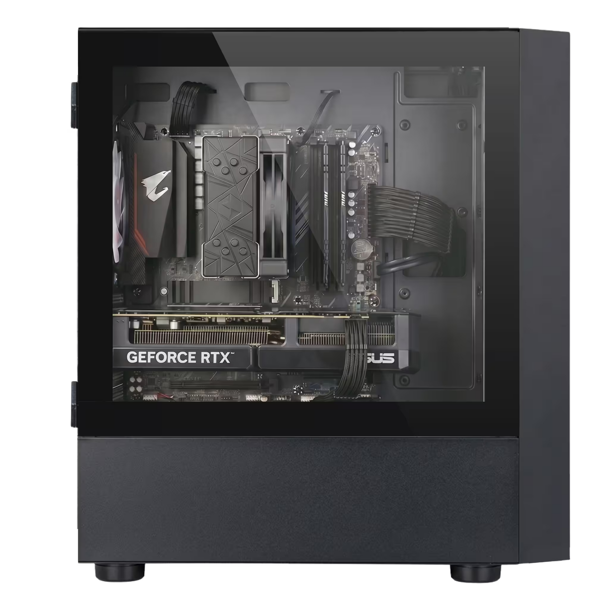 Computer hardware components inside a clear case with a visible GeForce RTX graphics card.