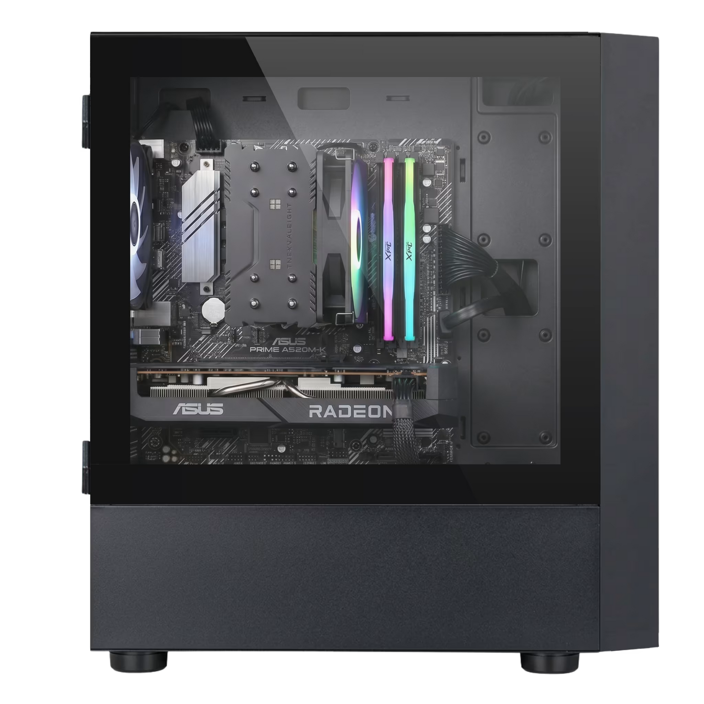 Computer motherboard with ASUS Radeon branding inside a black case on a white background