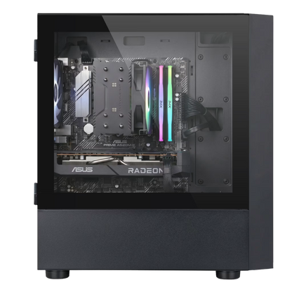 Computer motherboard with ASUS Radeon branding inside a black case on a white background