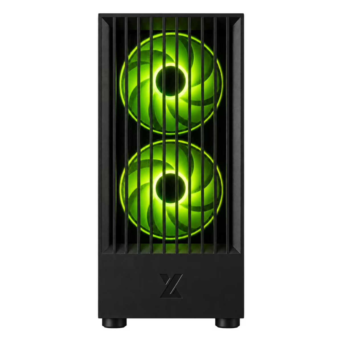 A black computer tower case with two glowing green fans visible through front grille slats, shown on a plain white background.