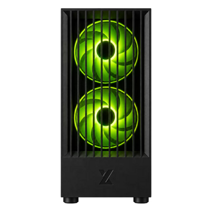 A black computer tower case with two glowing green fans visible through front grille slats, shown on a plain white background.