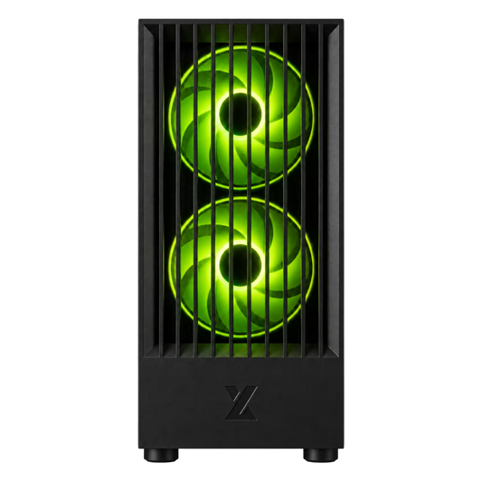 A black computer tower case with two glowing green fans visible through front grille slats, shown on a plain white background.