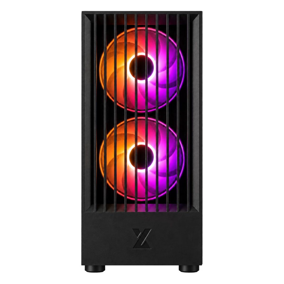 A black computer tower case with two vertically stacked RGB fans glowing in pink and purple, shown against a plain white background.