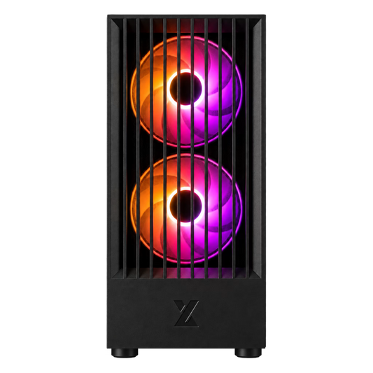 A black computer tower case with two vertically stacked RGB fans glowing in pink and purple, shown against a plain white background.