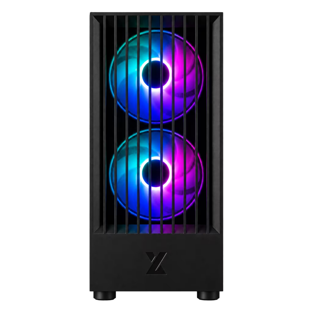 A black computer tower case with two vertically stacked RGB fans glowing with blue, purple, and pink light, shown against a plain white background.