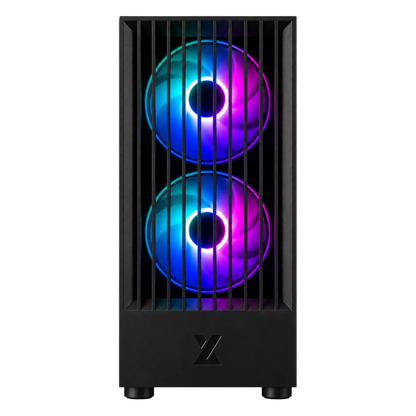 A black computer tower case with two vertically stacked RGB fans glowing with blue, purple, and pink light, shown against a plain white background.