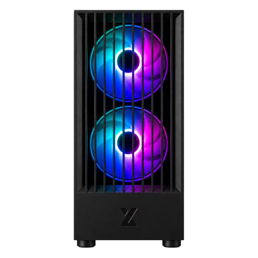 A black computer tower case with two vertically stacked RGB fans glowing with blue, purple, and pink light, shown against a plain white background.