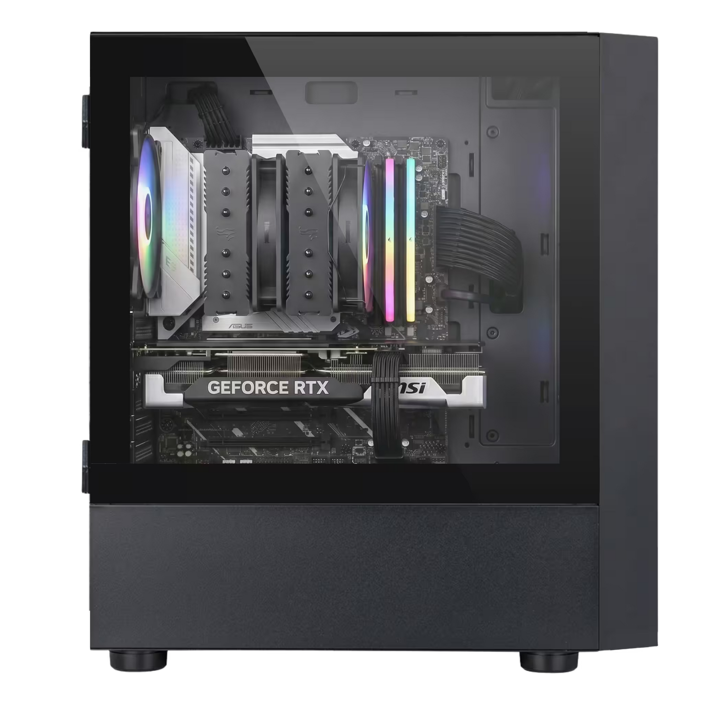 Gaming PC with NVIDIA GeForce RTX graphics card inside a transparent case