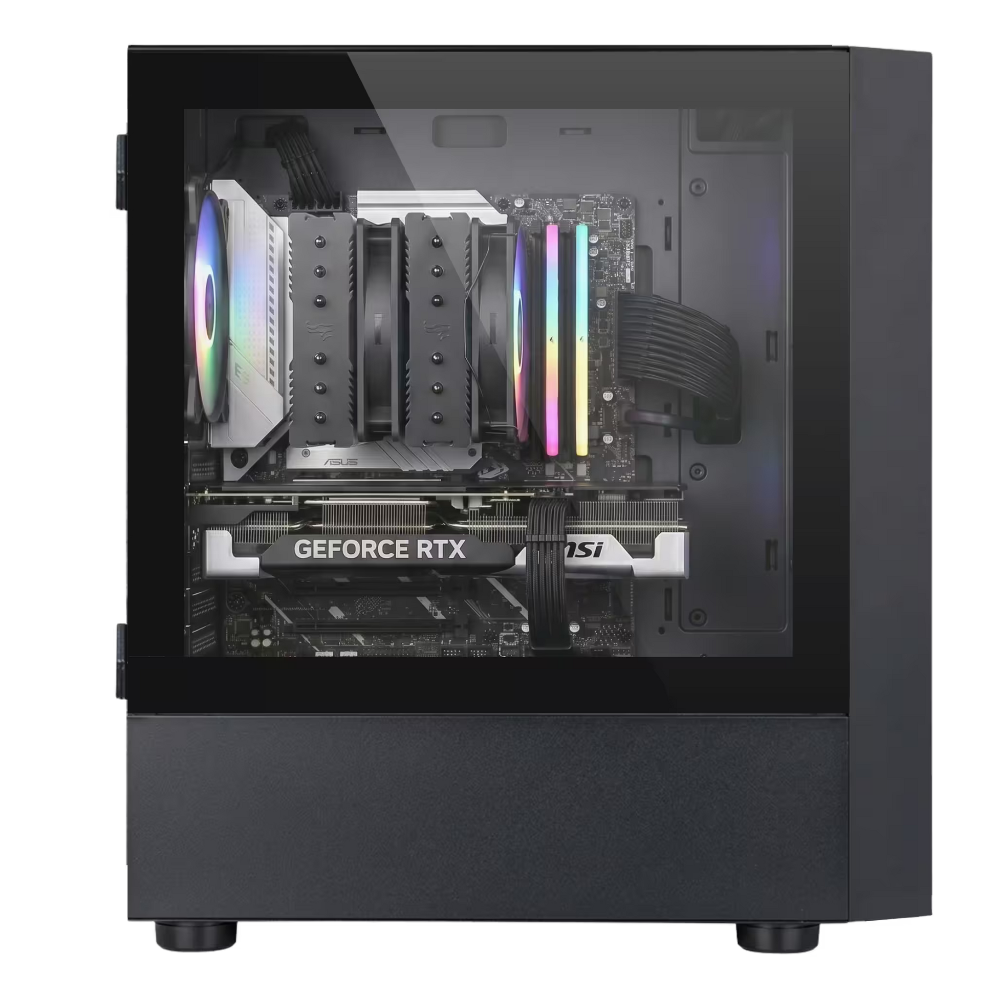 Gaming PC with NVIDIA GeForce RTX graphics card inside a transparent case