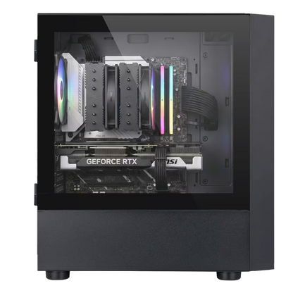 Gaming PC with NVIDIA GeForce RTX graphics card inside a transparent case