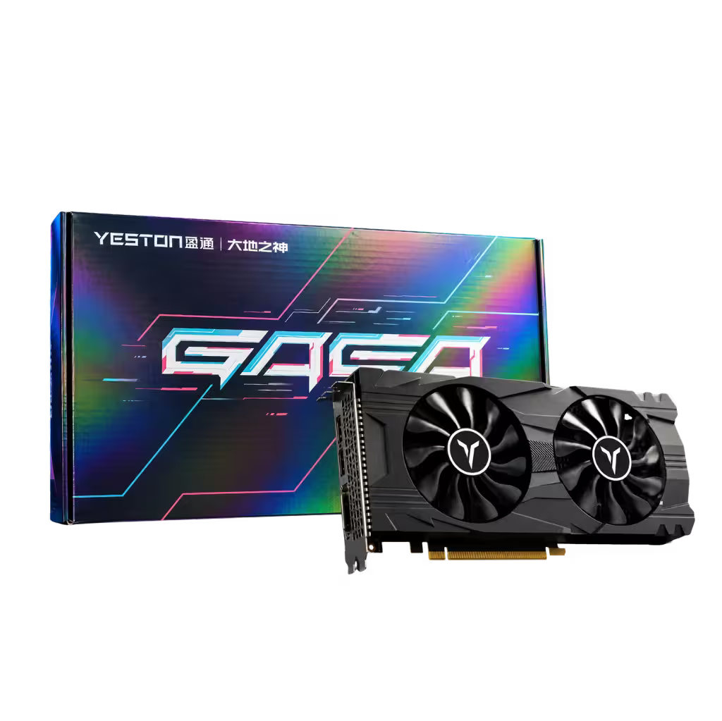 A Yeston Gaea graphics card with a black dual-fan cooler and gold PCIe connector, shown in front of its colorful iridescent retail box on a plain white background.