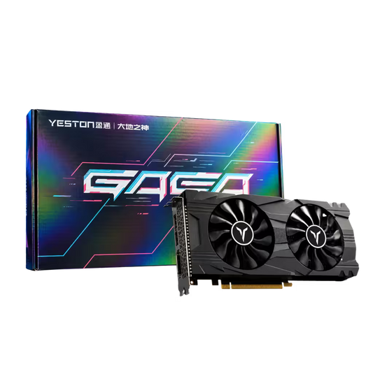 A Yeston Gaea graphics card with a black dual-fan cooler and gold PCIe connector, shown in front of its colorful iridescent retail box on a plain white background.