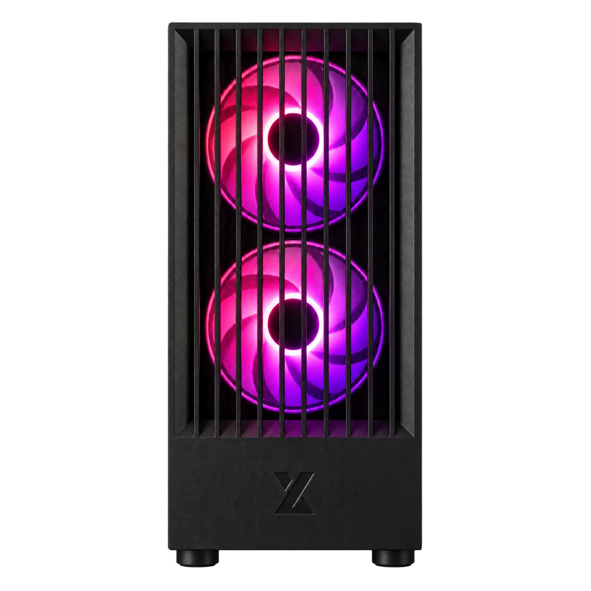 A black computer tower case with two vertically stacked RGB fans glowing in pink and purple, shown against a plain white background.