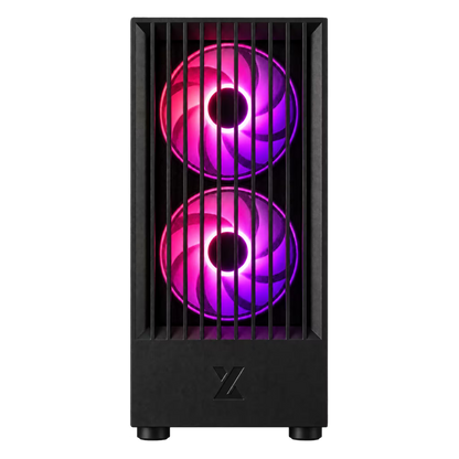 A black computer tower case with two vertically stacked RGB fans glowing in pink and purple, shown against a plain white background.