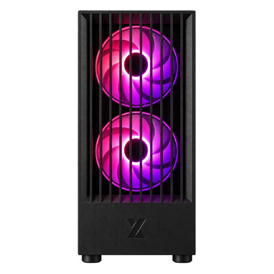 A black computer tower case with two vertically stacked RGB fans glowing in pink and purple, shown against a plain white background.