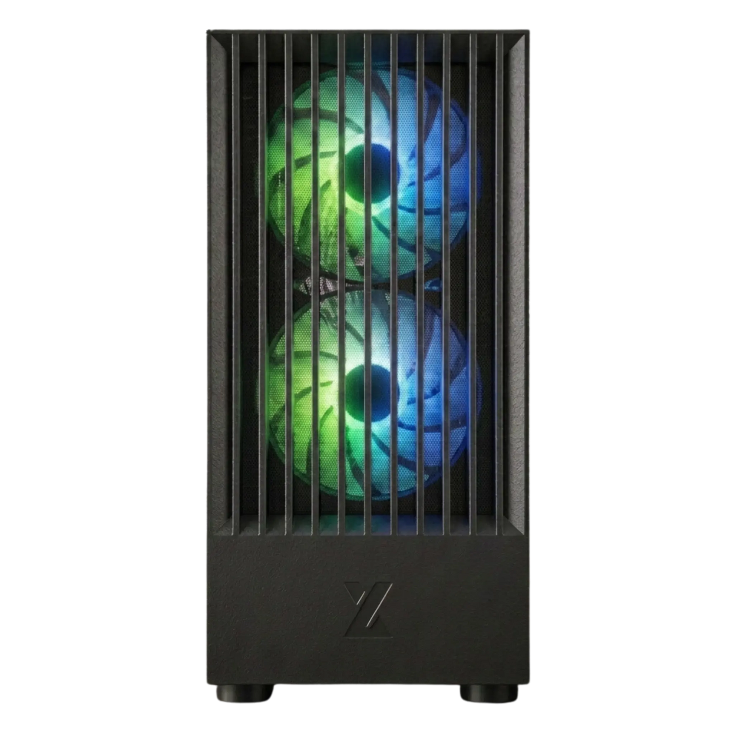 Black computer case with RGB lighting on a white background