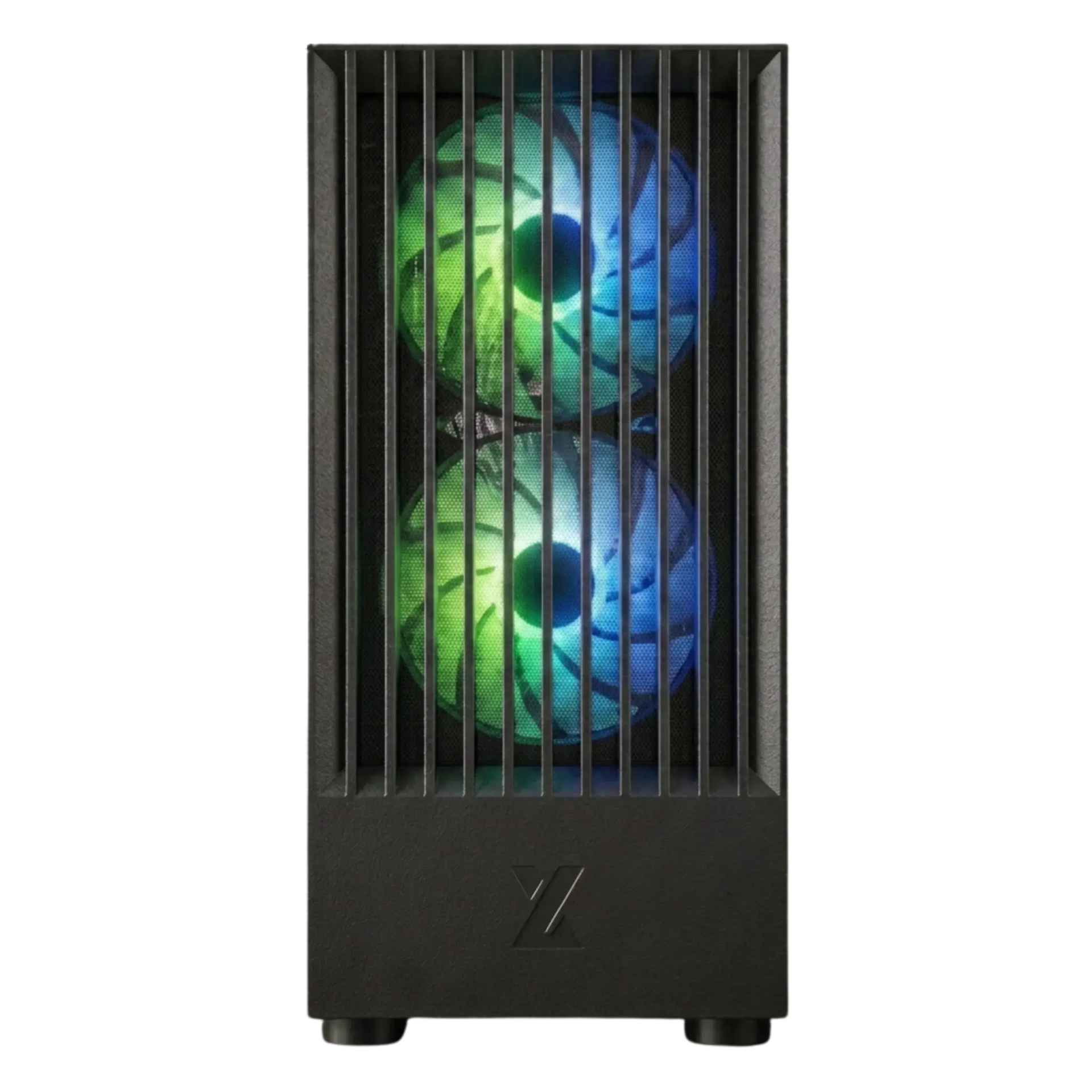 Black computer case with RGB lighting on a white background