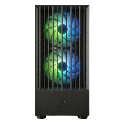 Black computer case with RGB lighting on a white background