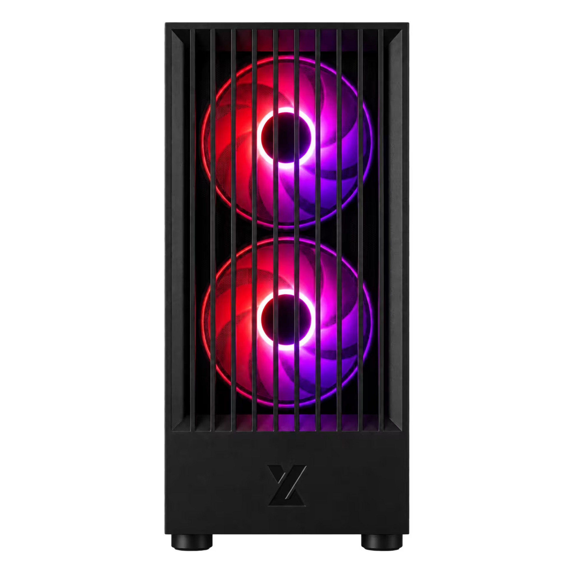 A black computer tower case with two vertically stacked RGB fans glowing in red and purple, shown against a plain white background.